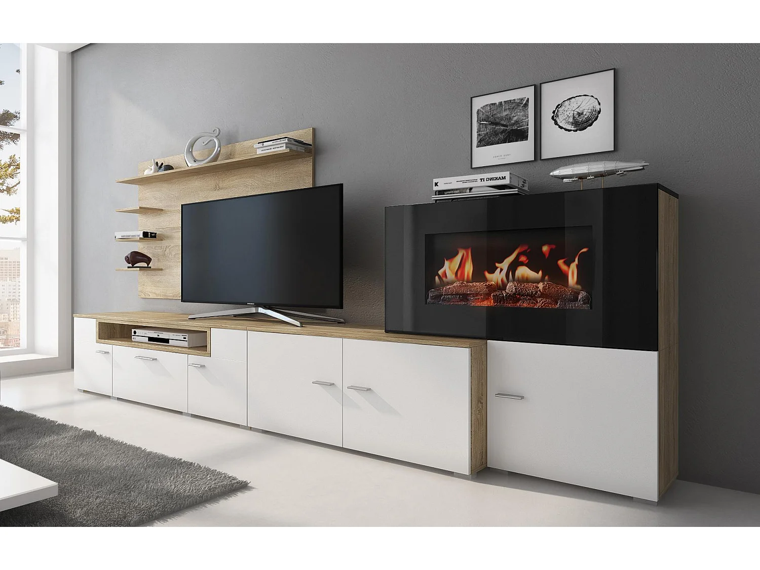 Wohnmöbel mit elektrischem Kamin mit 5 Flammenstufen, mattweißer Oberfläche und gebürsteter heller Eiche, Maße: 290 x 170 x 45cm tief