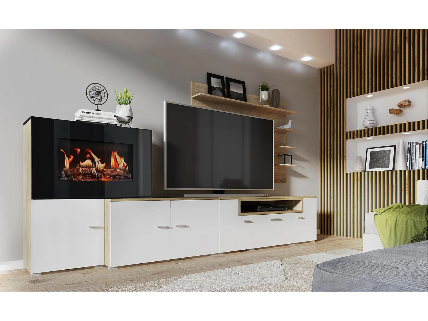 Wohnmöbel mit elektrischem Kamin mit 5 Flammenstufen, mattweißer Oberfläche und gebürsteter heller Eiche, Maße: 290 x 170 x 45cm tief