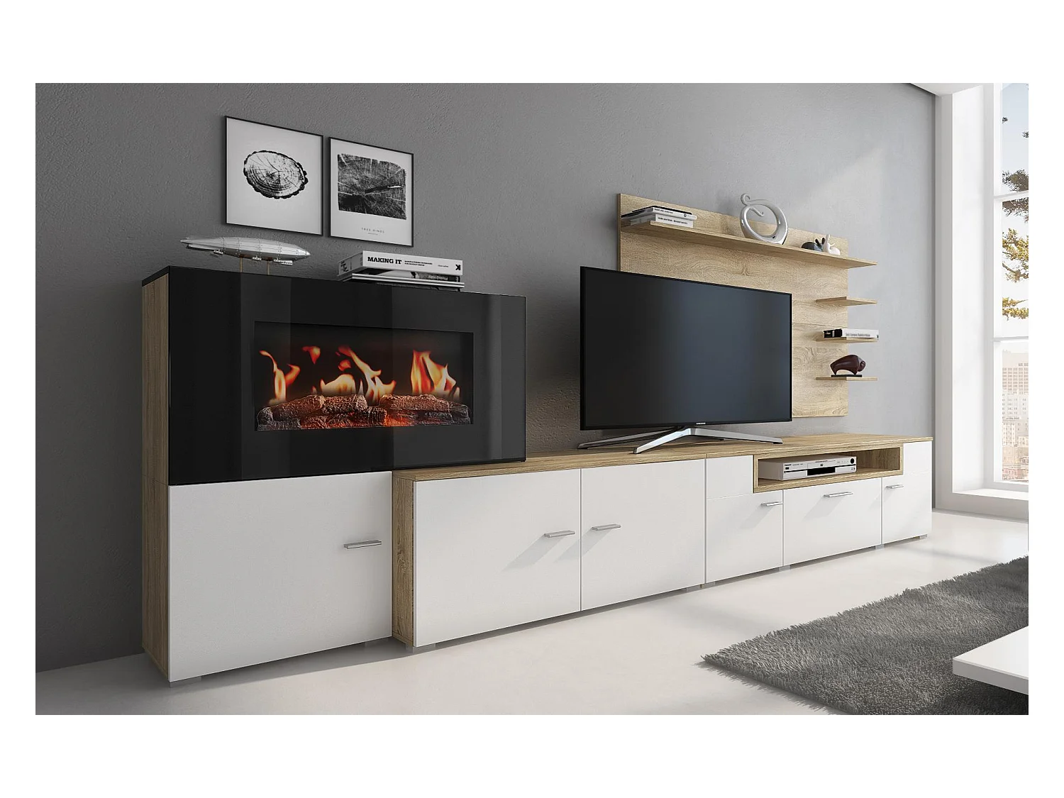 Meuble de salon avec cheminée électrique, finition Blanc mat et chêne clair brossé, 290x45x170 cm