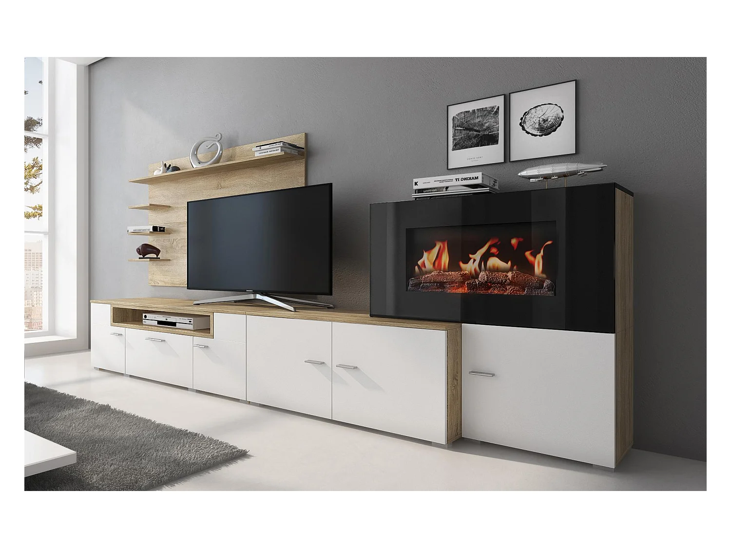 Meuble de salon avec cheminée électrique, finition Blanc mat et chêne clair brossé, 290x45x170 cm