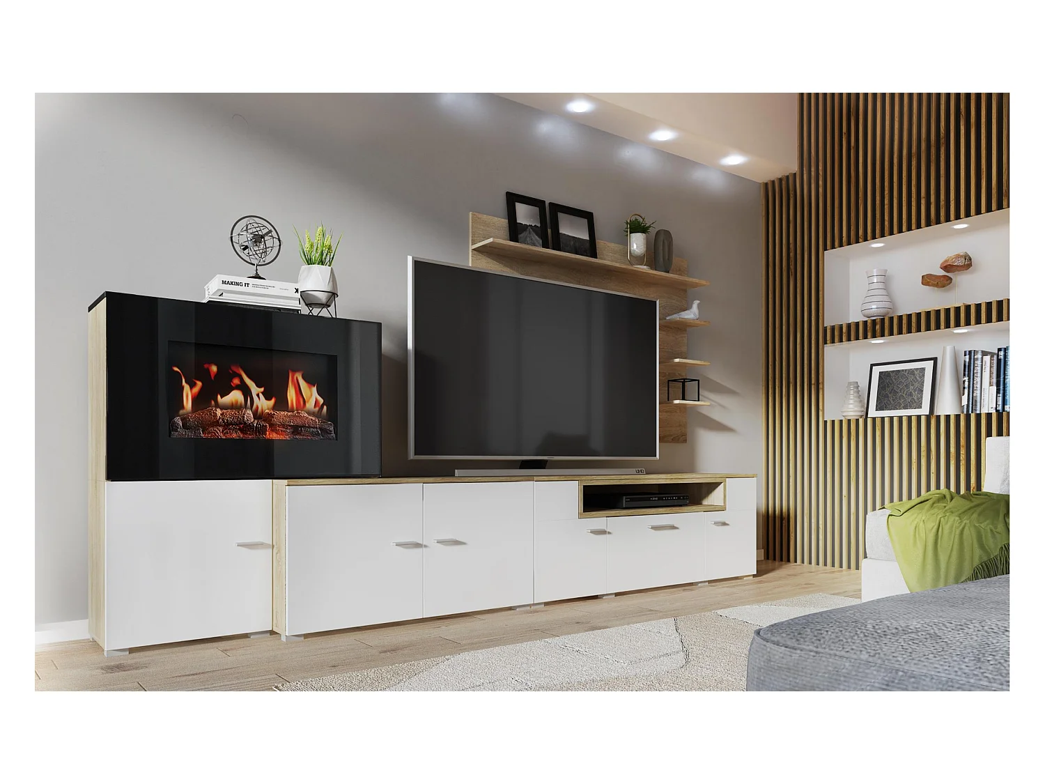 Meuble de salon avec cheminée électrique, finition Blanc mat et chêne clair brossé, 290x45x170 cm