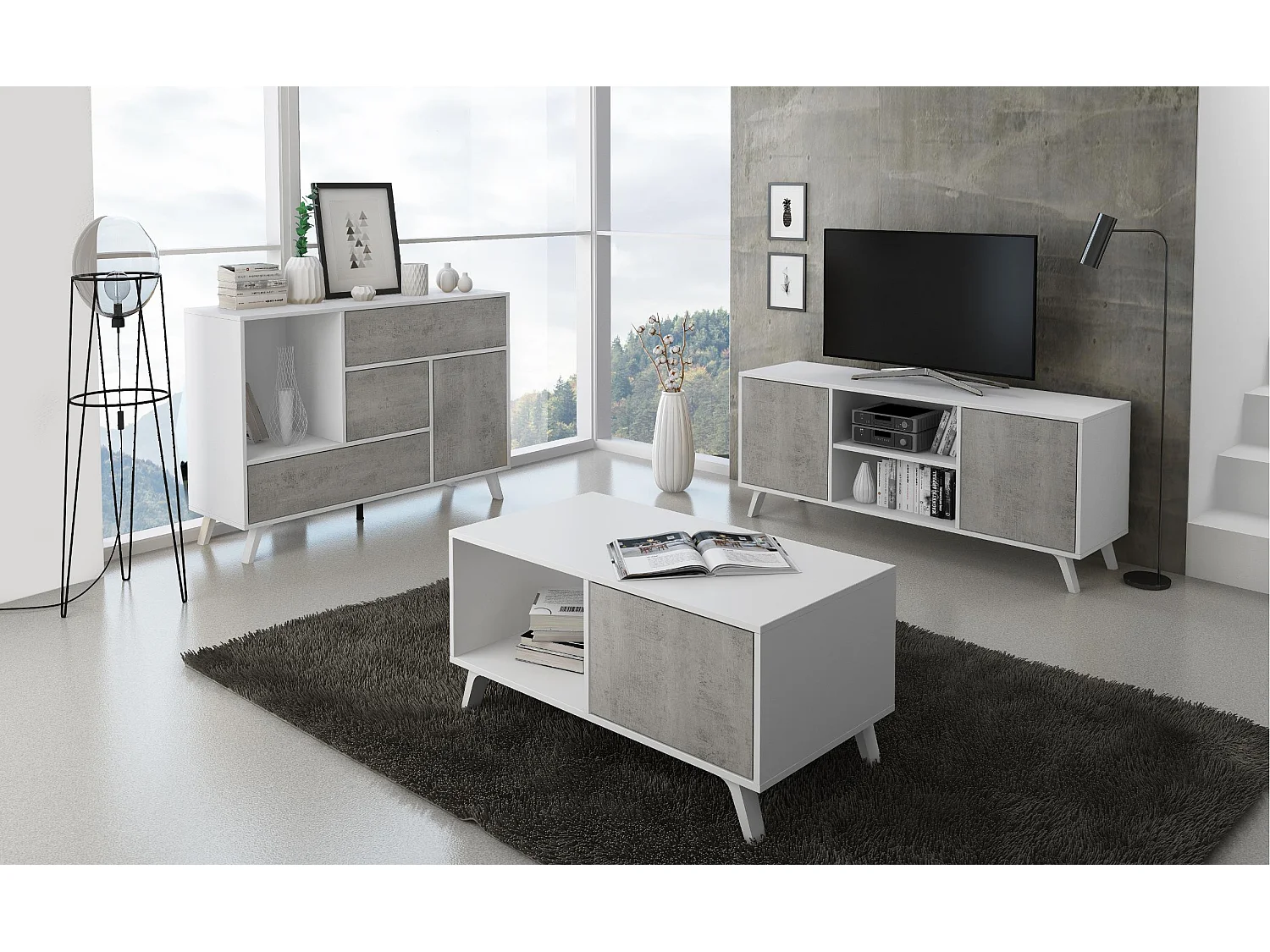 Meuble TV 140 avec 2 portes, modele WIND, couleur de la structure BLANC MAT, couleur de la porte CIMENT, 137x40x57cm