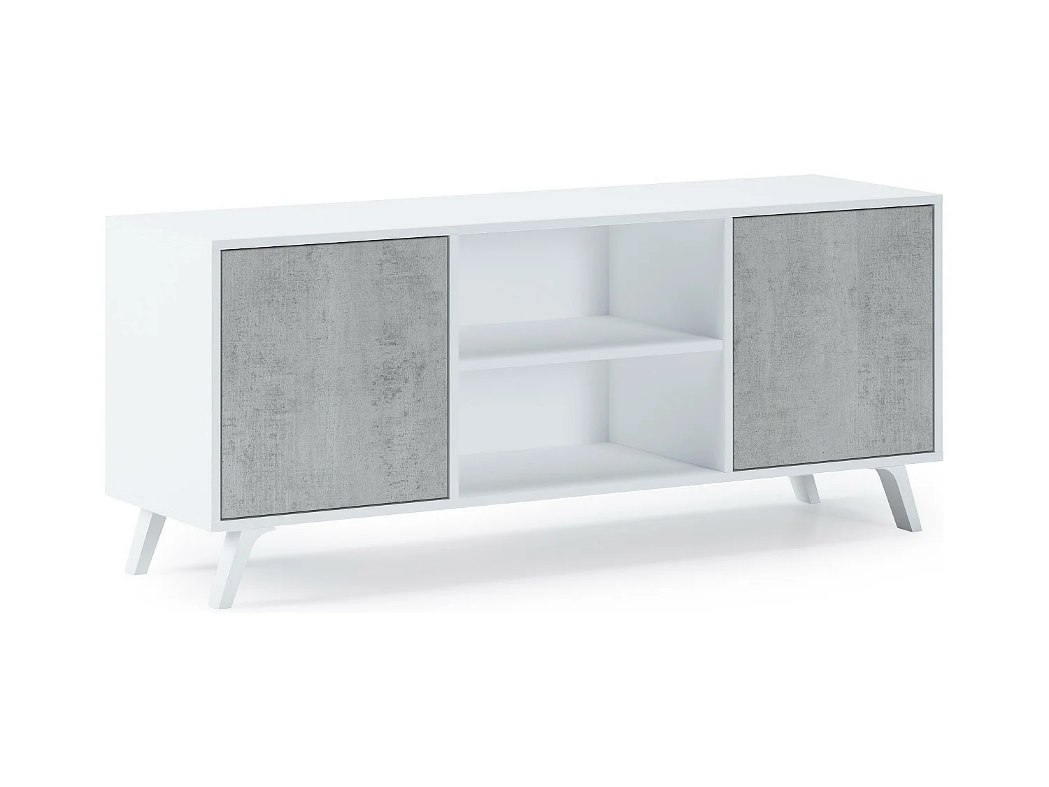 Meuble TV 140 avec 2 portes, modele WIND, couleur de la structure BLANC MAT, couleur de la porte CIMENT, 137x40x57cm
