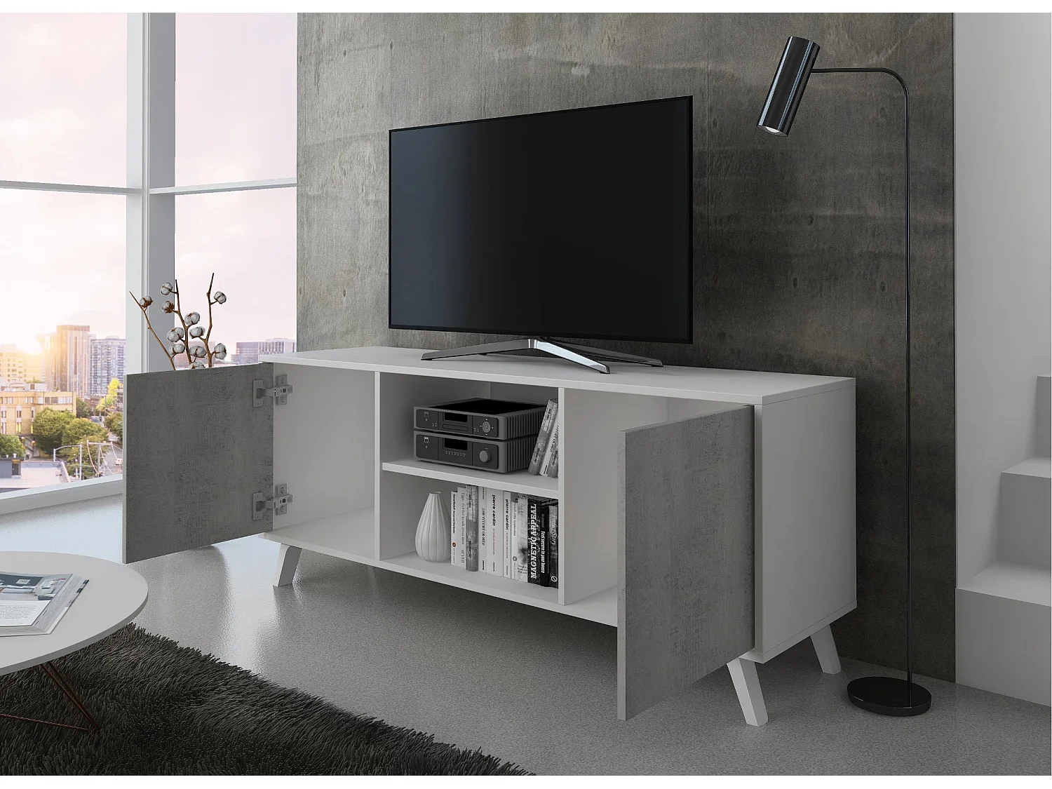 Televisiemeubels, Windmodel, 137x40x57cm, Eetkamer, Wit en cement, Moderne stijl