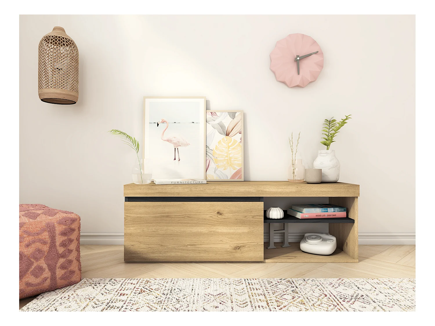 Meuble TV mod.NATURALE ''Chêne/Noir'', 1 porte et 2 logements, 120x40x41cm