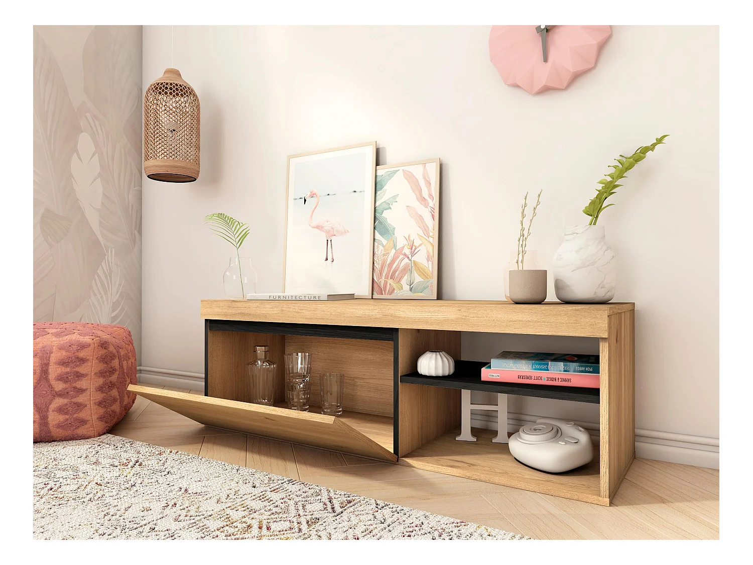 TV-meubel "Naturale", Eik/Zwart,  Medium, nordic