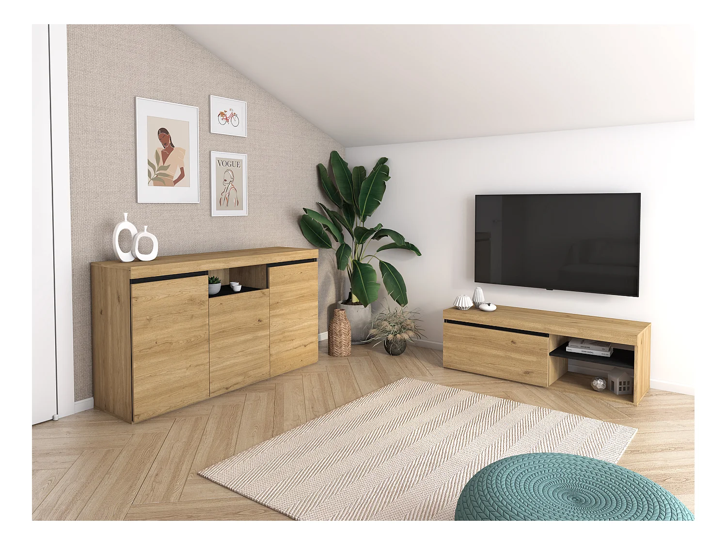 TV-meubel "Naturale", Eik/Zwart,  Medium, nordic