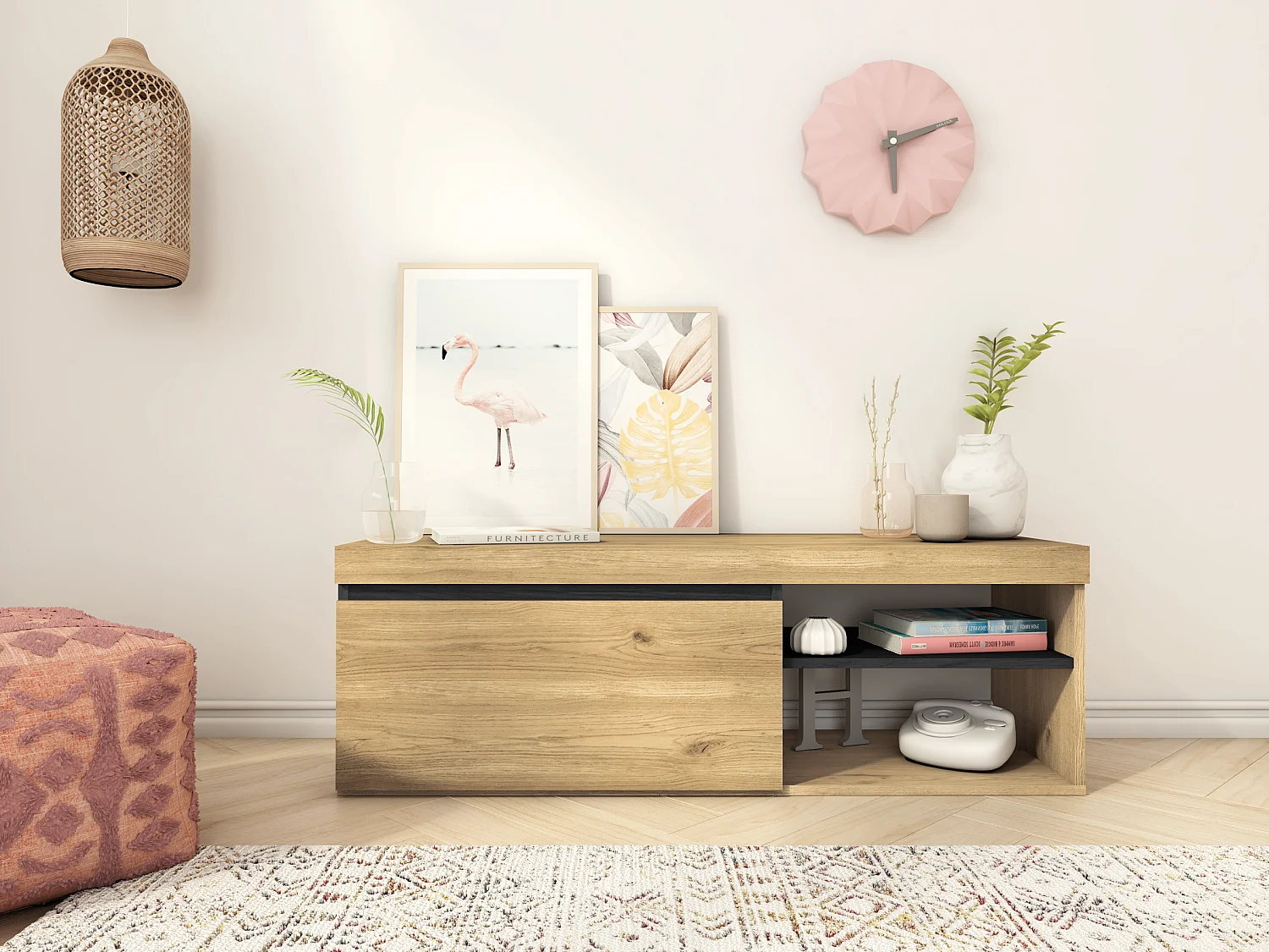 Meuble TV mod.NATURALE ''Chêne/Noir'', 1 porte et 2 logements, 120x40x41cm