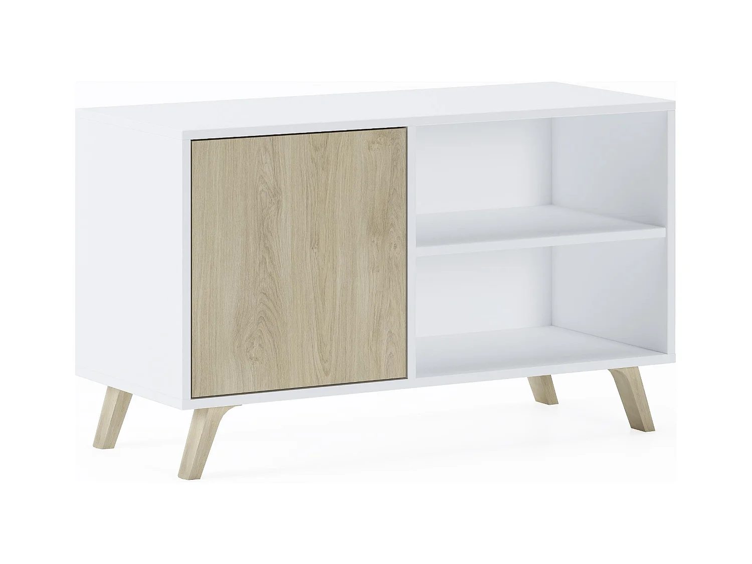 Meuble TV 95x40x57cm avec porte à gauche, modèle WIND, structure blanche, porte chêne