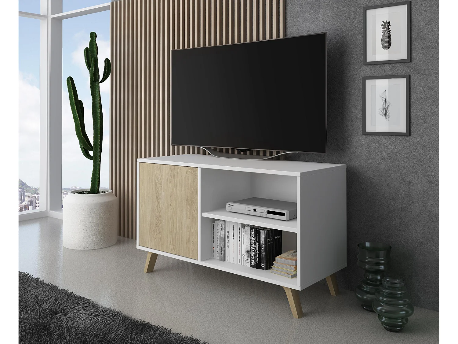 Meuble TV 95x40x57cm avec porte à gauche, modèle WIND, structure blanche, porte chêne