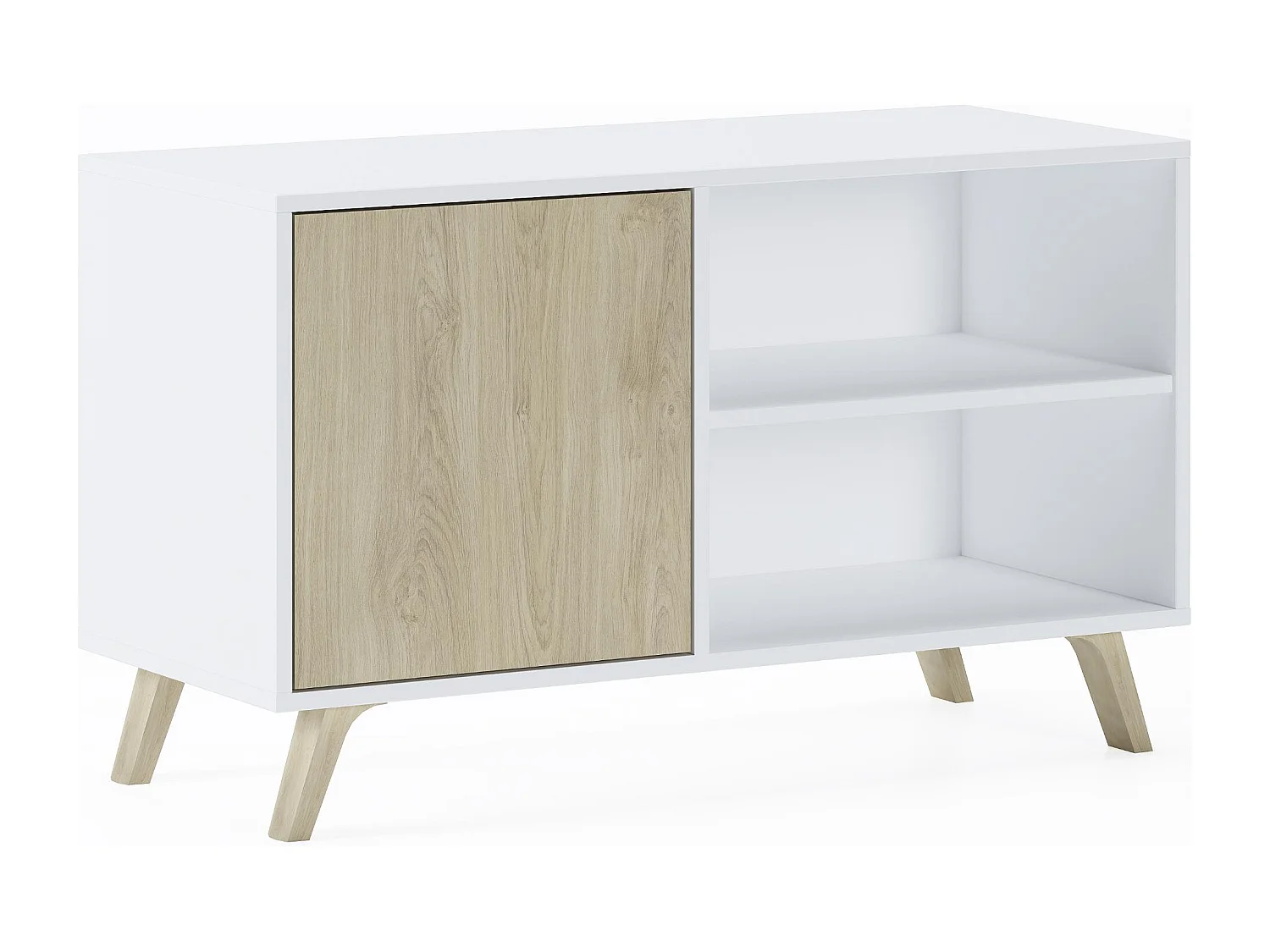 Meuble TV 95x40x57cm avec porte à gauche, modèle WIND, structure blanche, porte chêne