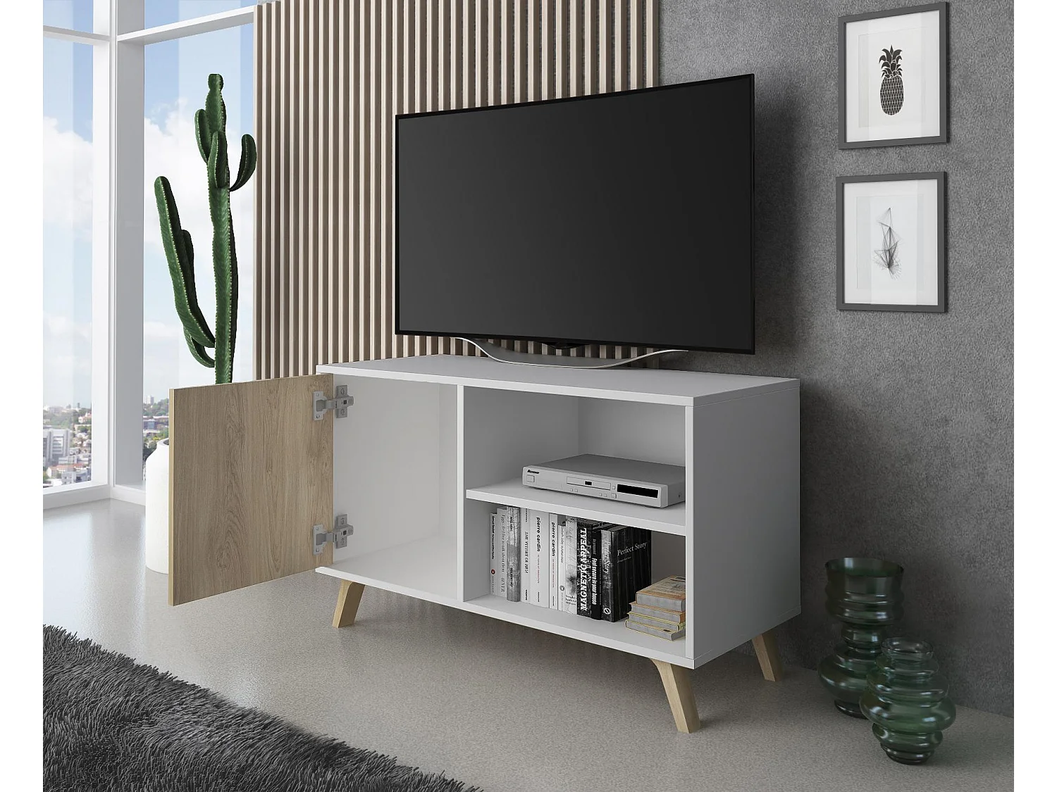 Meuble TV 95x40x57cm avec porte à gauche, modèle WIND, structure blanche, porte chêne