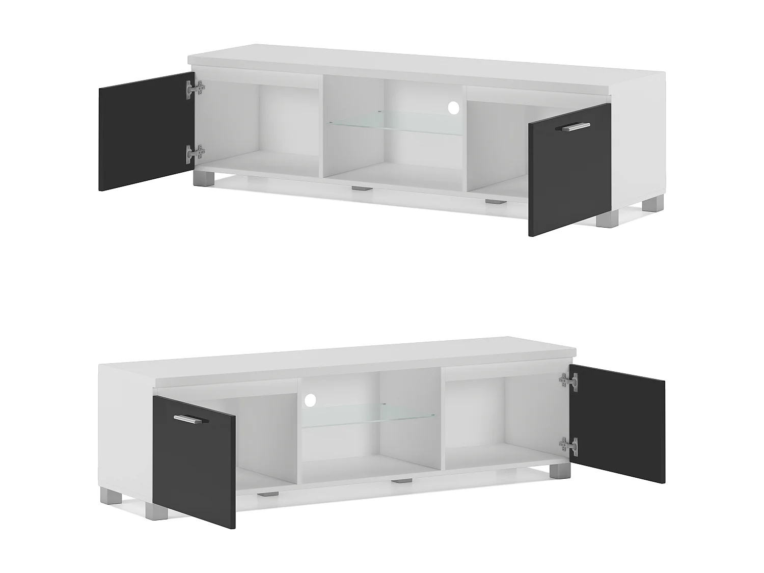 TV mobile LED - porta TV, soggiorno, bianco mate e nero laccato, 150x40x42cm