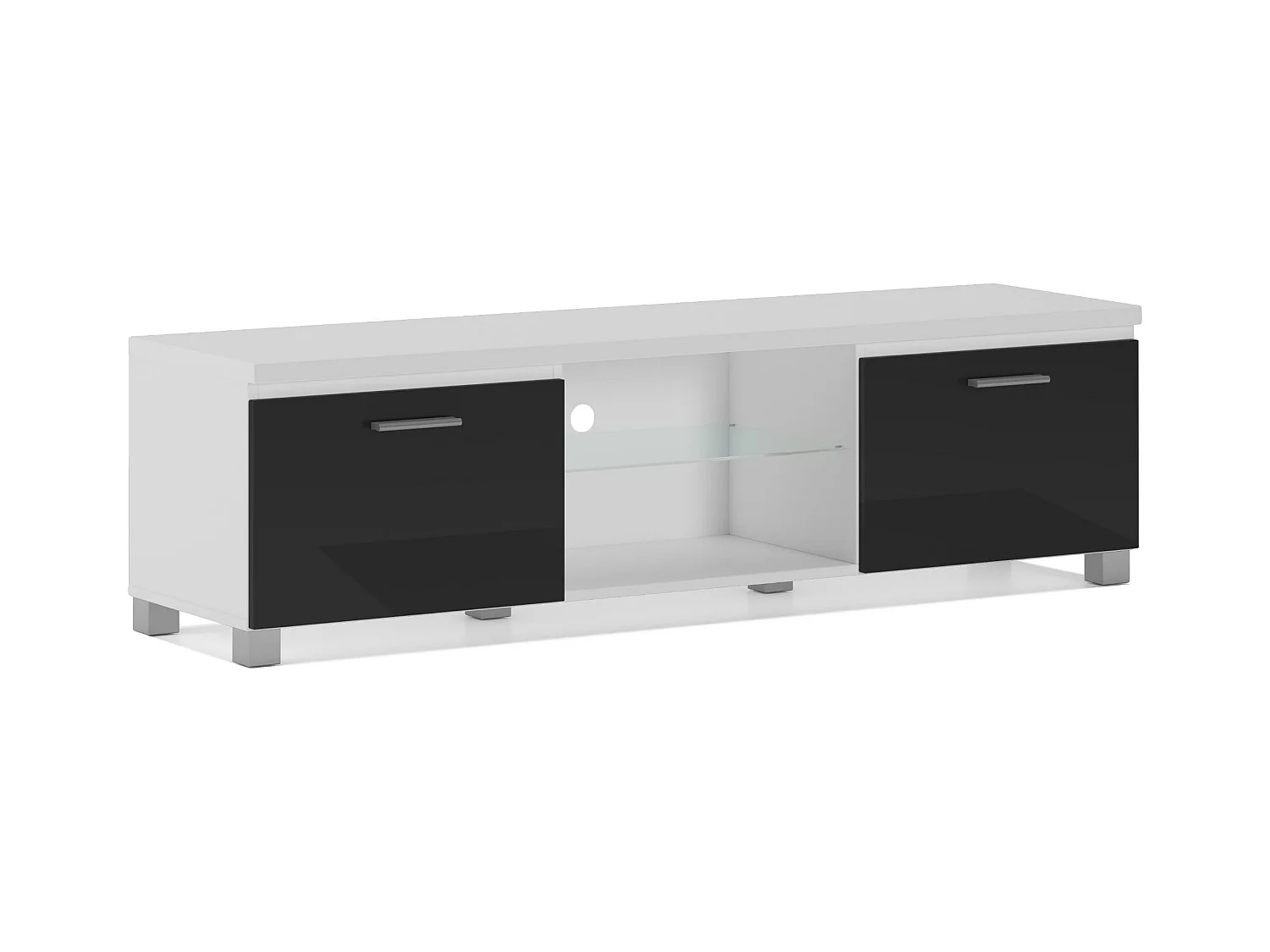 Meuble bas TV LED Salon-Séjour, Blanc Mate et Noir Laqué, 150x40x42cm