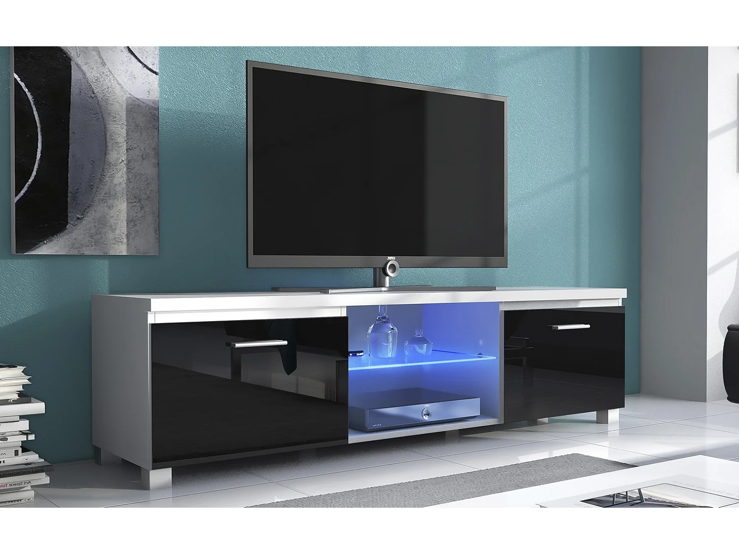 Meuble bas TV LED Salon-Séjour, Blanc Mate et Noir Laqué, 150x40x42cm