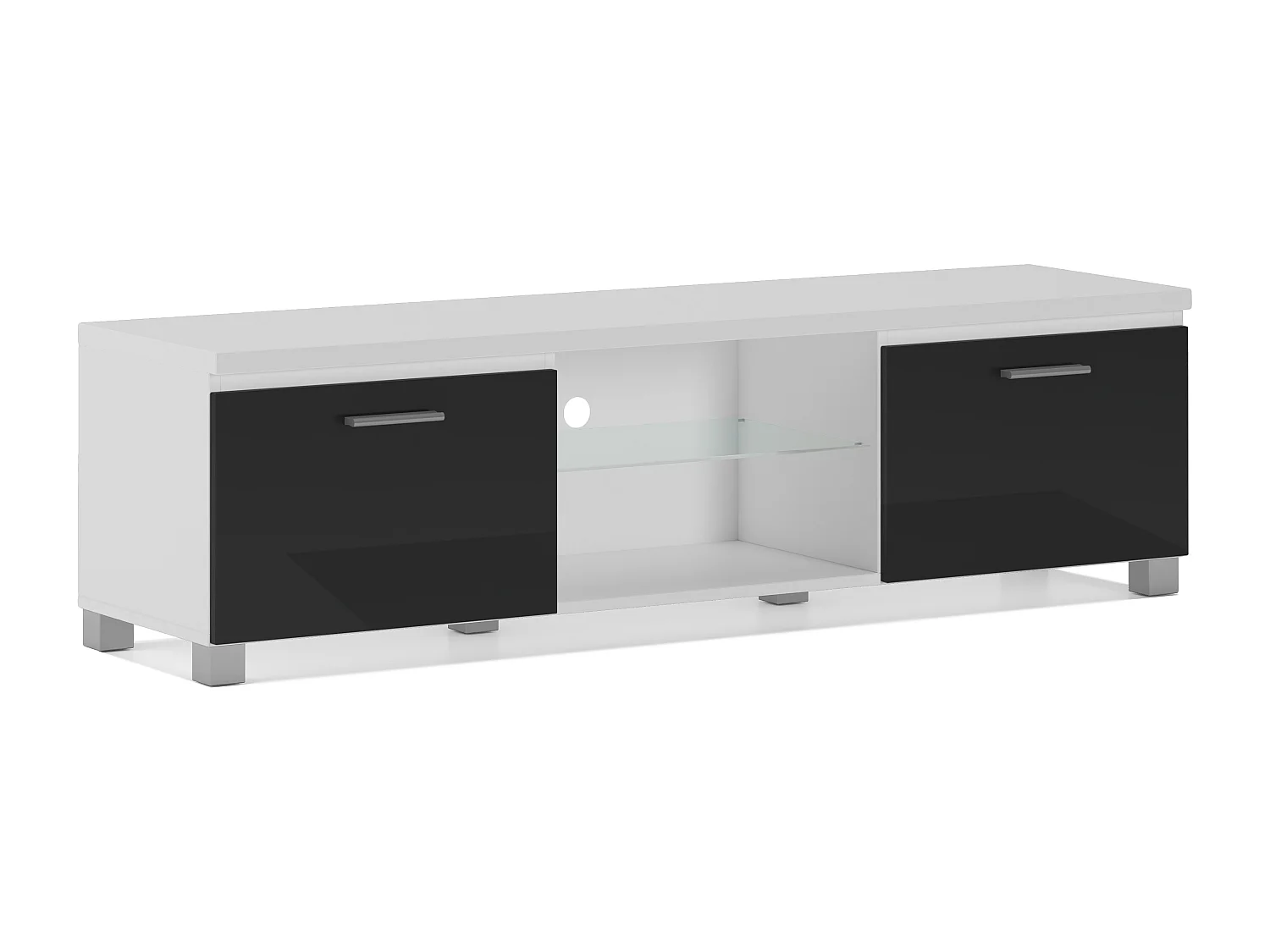 Meuble bas TV LED Salon-Séjour, Blanc Mate et Noir Laqué, 150x40x42cm