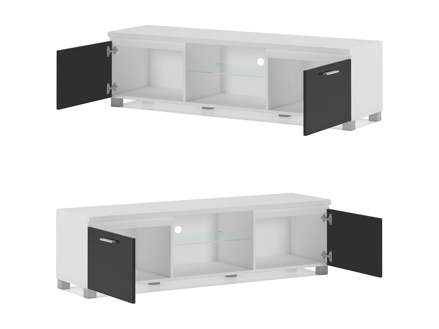 Meuble bas TV LED Salon-Séjour, Blanc Mate et Noir Laqué, 150x40x42cm