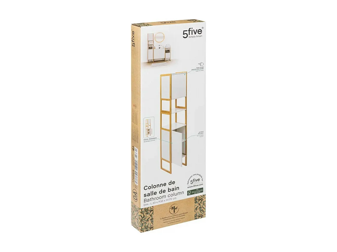 Meuble de rangement Colonne en Bambou et Bois Blanc 2 Portes H 170 cm