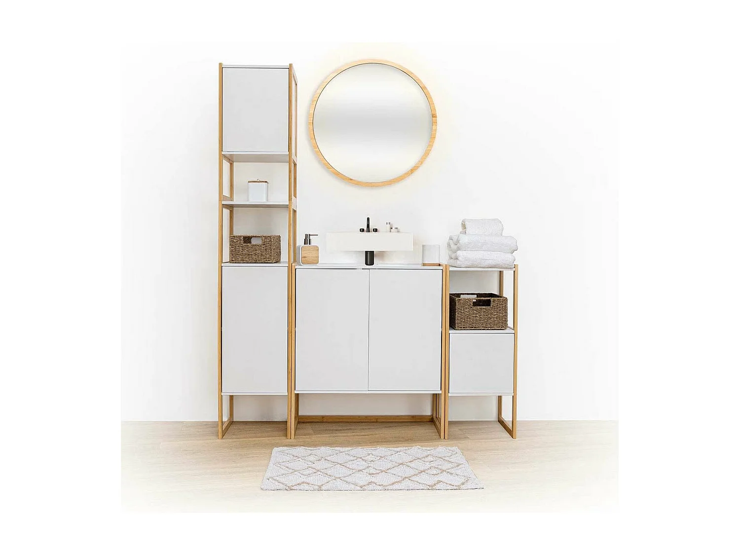Meuble de rangement Colonne en Bambou et Bois Blanc 2 Portes H 170 cm
