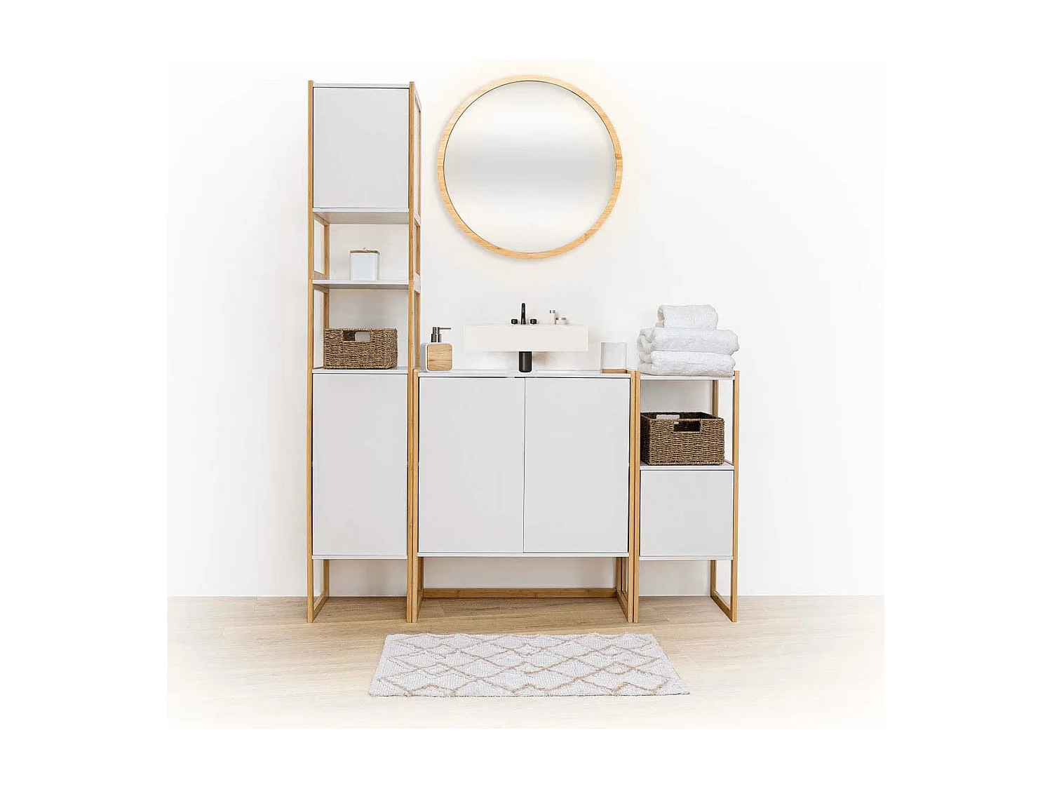 Meuble de rangement Colonne en Bambou et Bois Blanc 2 Portes H 170 cm
