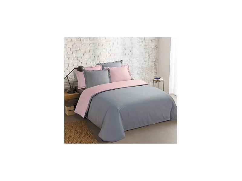 Parure de couette bicolore 100% coton - 1 housse de couette 220 x 240 cm + 2 taies 65 x 65 cm - Gris et rose