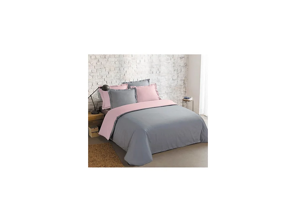 Parure de couette bicolore 100% coton - 1 housse de couette 220 x 240 cm + 2 taies 65 x 65 cm - Gris et rose