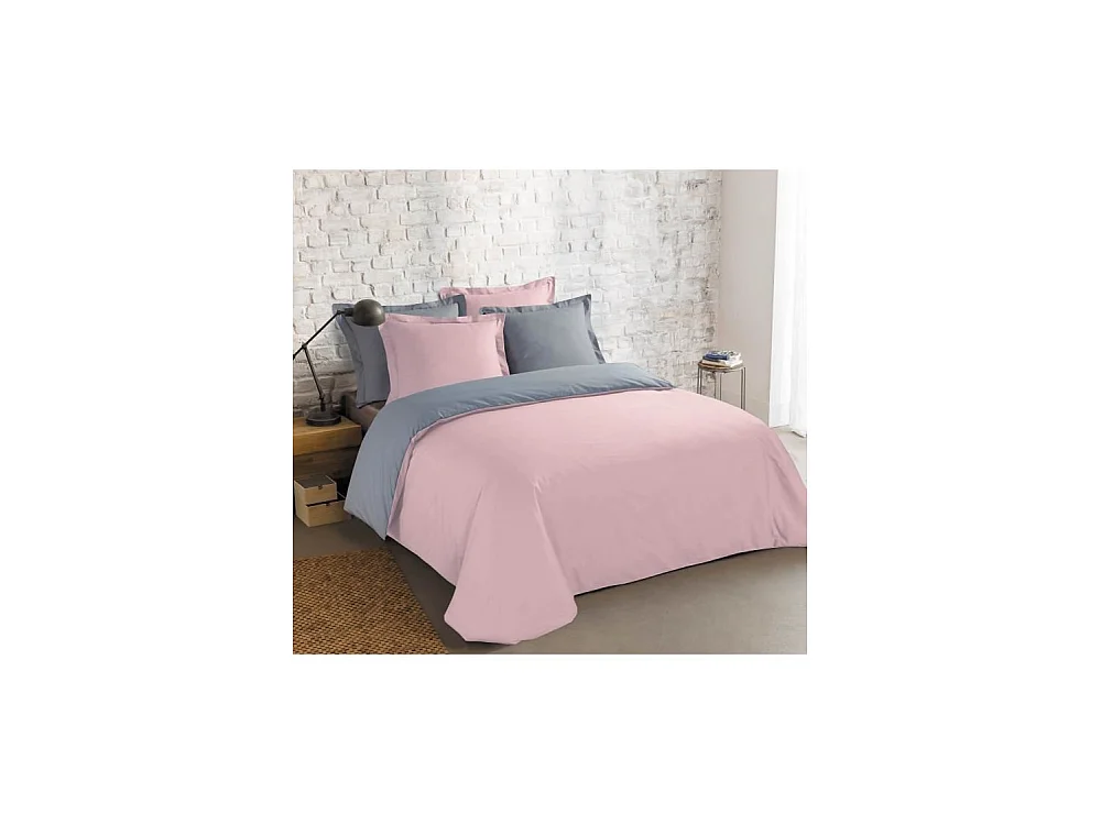 Parure de couette bicolore 100% coton - 1 housse de couette 220 x 240 cm + 2 taies 65 x 65 cm - Gris et rose