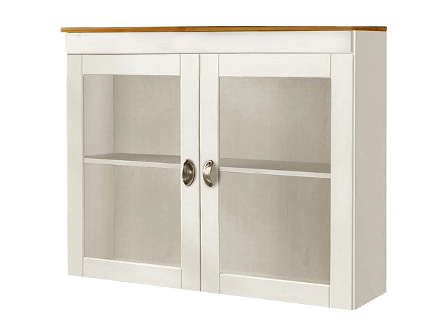 Toscana | Vitrine murale blanche avec portes vitrées et plateau en bois naturel