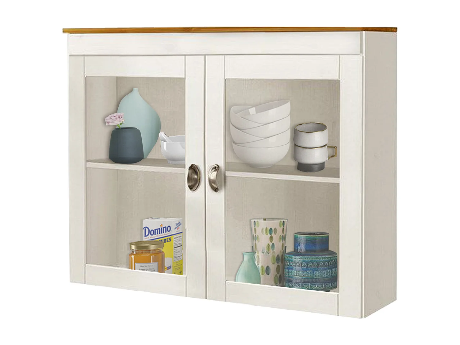 Toscana | Vitrine murale blanche avec portes vitrées et plateau en bois naturel