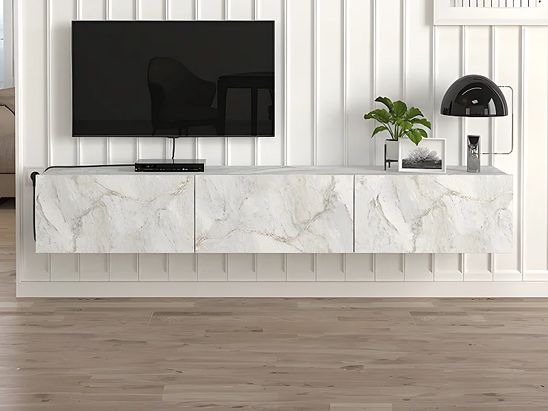 Móvel de TV suspenso com 3 portas efeito mármore branco - VIKILA