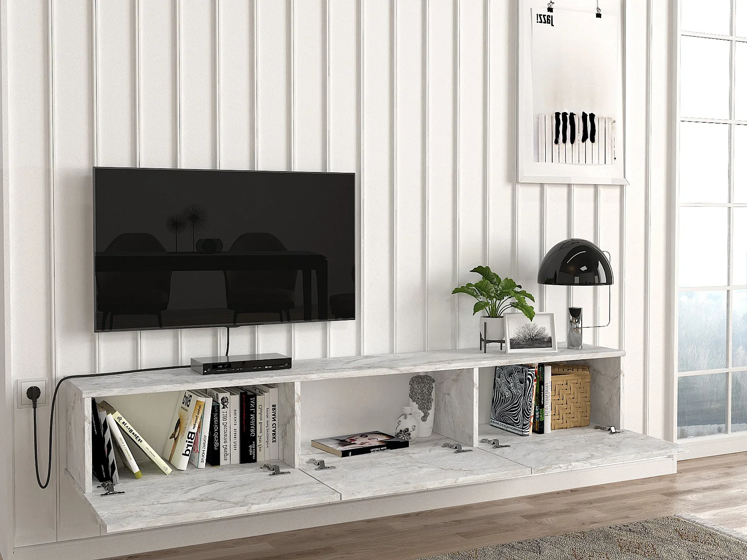 Meuble TV suspendu avec 3 portes - Effet marbre blanc - VIKILA