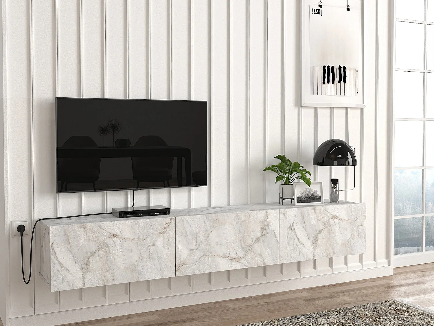 Meuble TV suspendu avec 3 portes - Effet marbre blanc - VIKILA