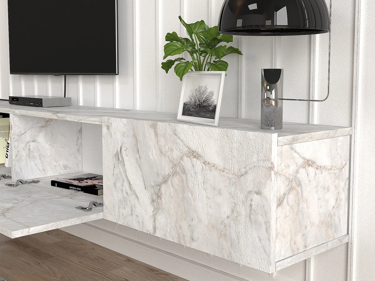 Meuble TV suspendu avec 3 portes - Effet marbre blanc - VIKILA