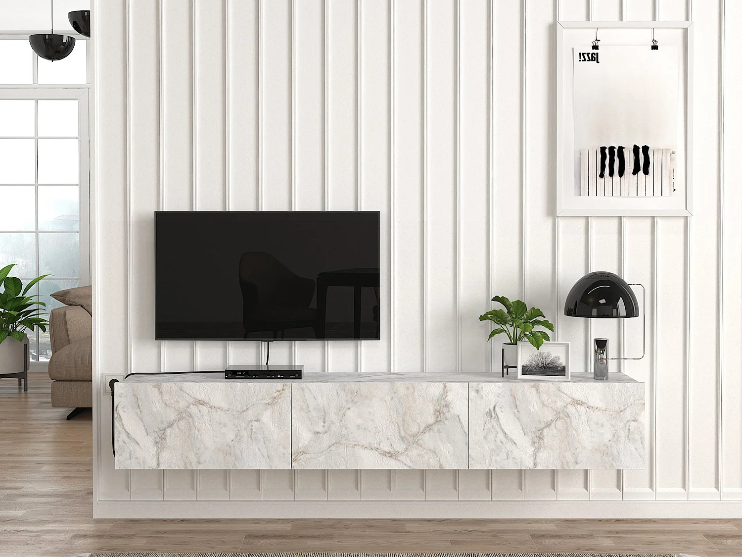 Meuble TV suspendu avec 3 portes - Effet marbre blanc - VIKILA