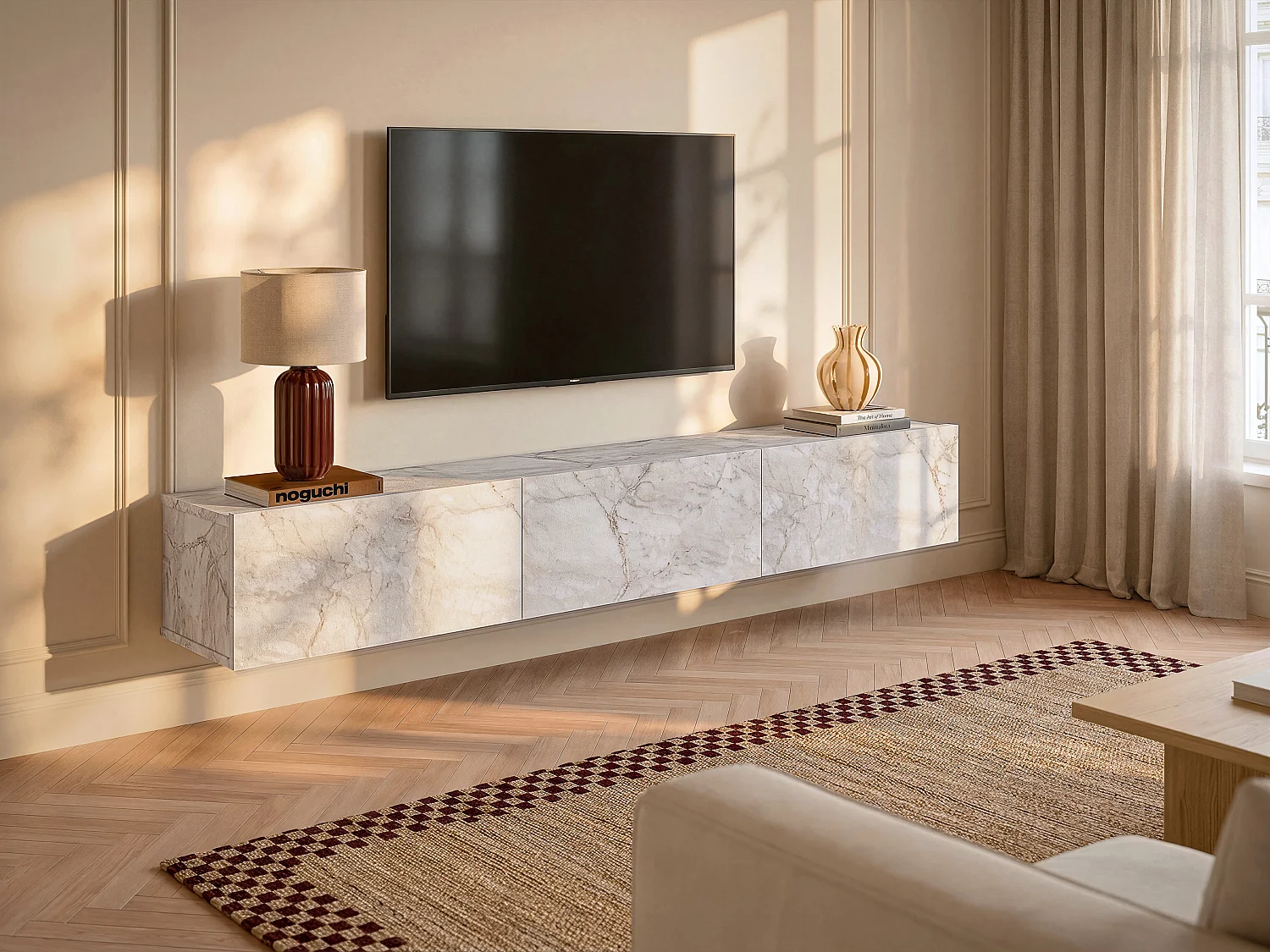 Wall - mounted TV unit with 3 doors - White marble effect - VIKILA