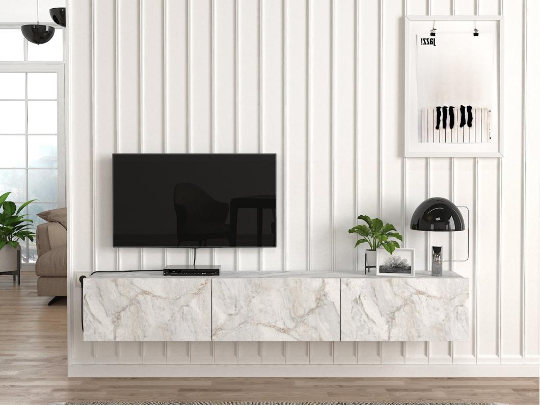 Meuble TV suspendu avec 3 portes - Effet marbre blanc - VIKILA