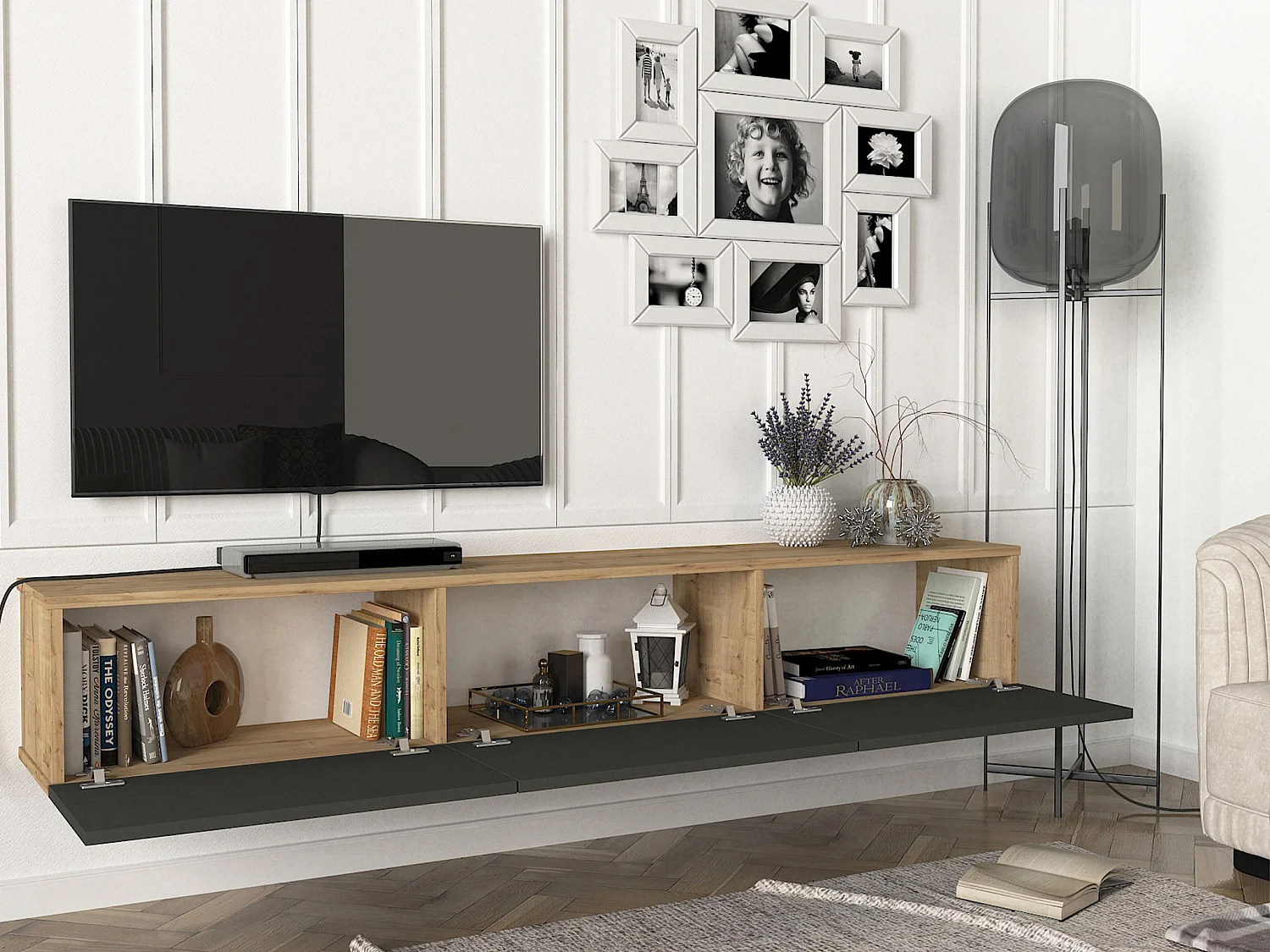 Tv-meubel om op te hangen met 3 deuren - Antraciet en licht naturel - VIKILA