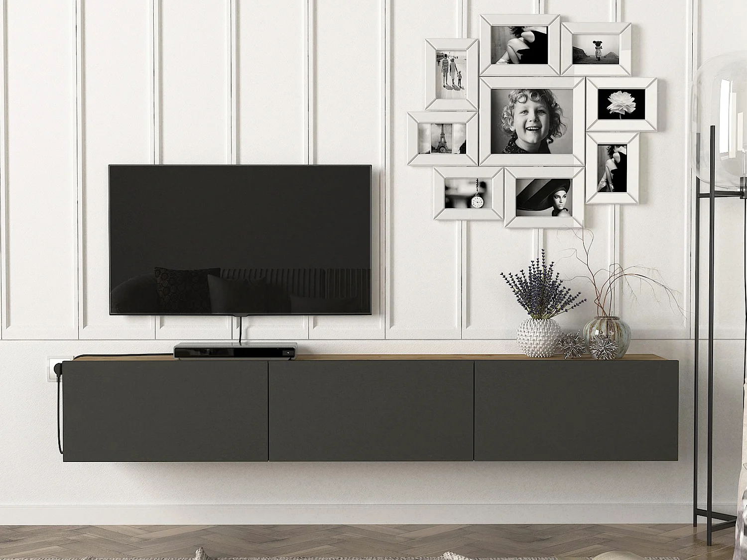Meuble TV suspendu avec 3 portes - Anthracite et Naturel clair - VIKILA