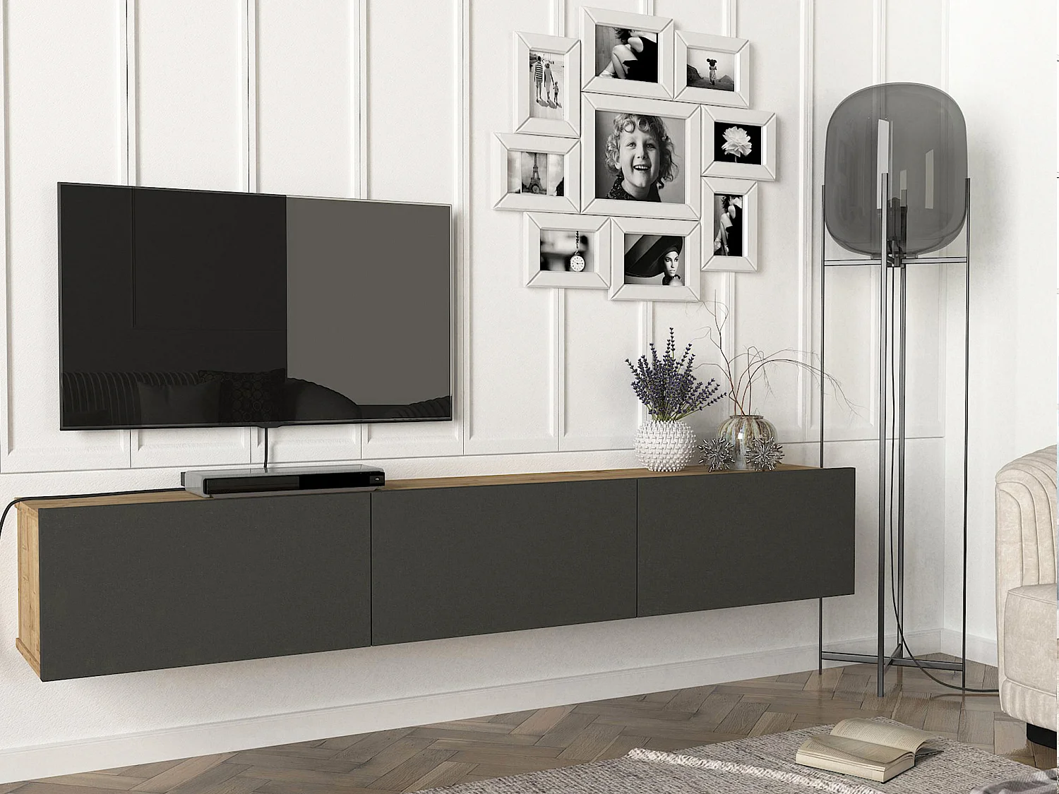 Mobile TV sospeso con 3 ante Antracite e Naturale chiaro - VIKILA