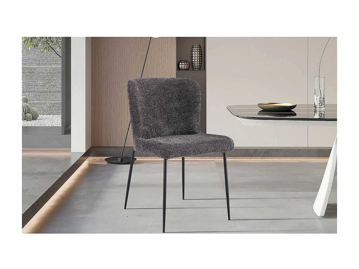 Sedia rivestita in Bouclé per sala da pranzo colore Grigio Scuro. Collezione LISE