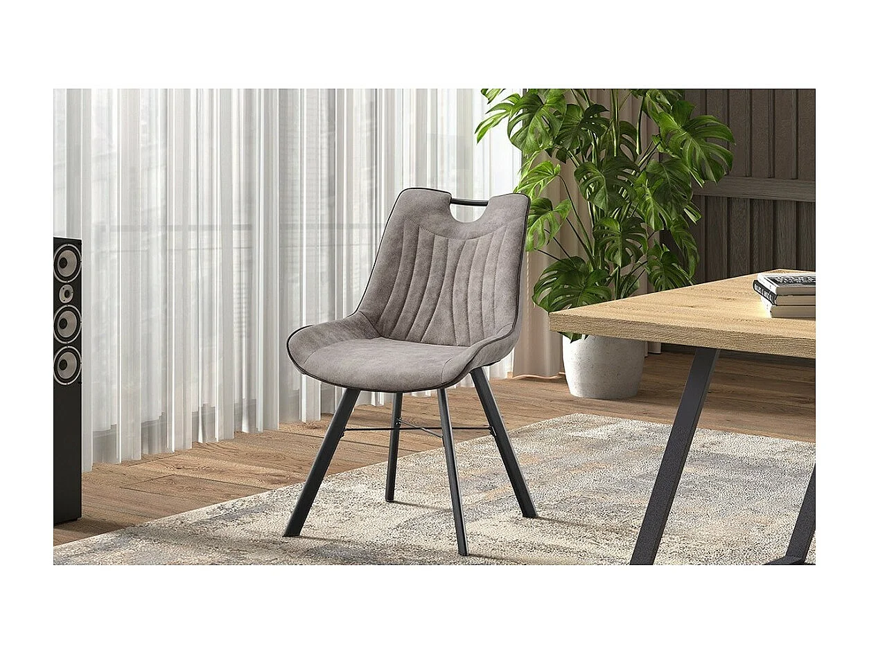 Chaise PAOLA – PU microfibre gris clair – Pieds métal noir – Style contemporain