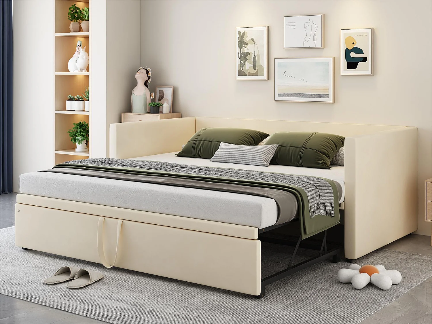 Letto estraibile in velluto con rete a doghe - 90/180x200 cm - Beige