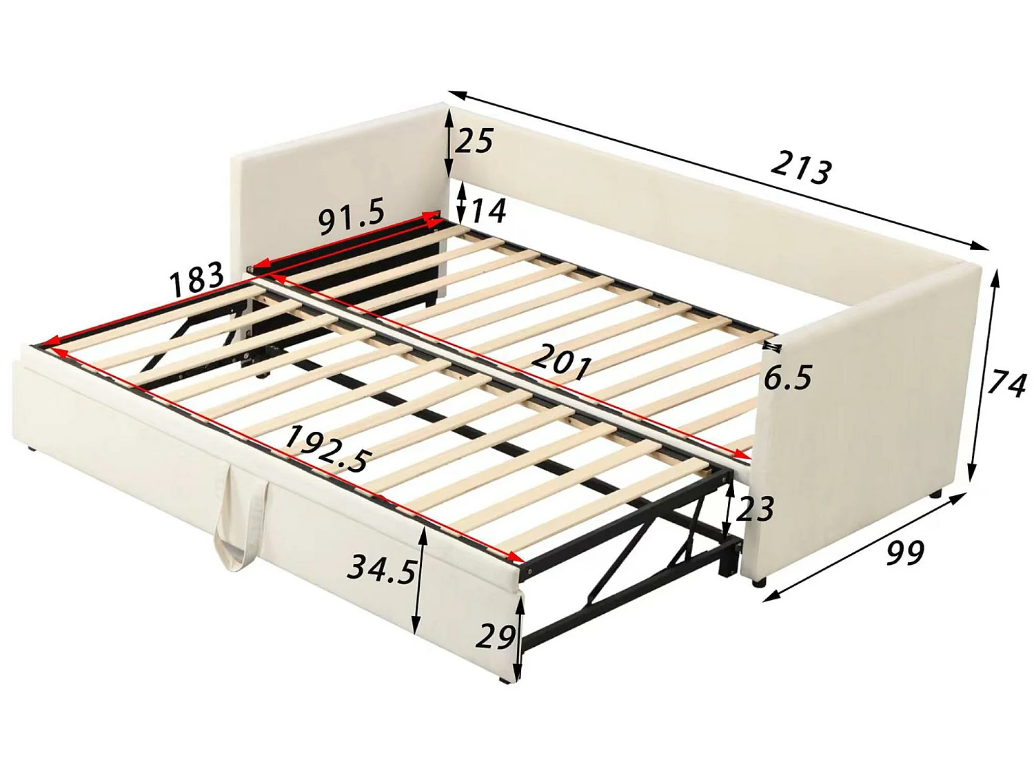 Letto estraibile in velluto con rete a doghe - 90/180x200 cm - Beige
