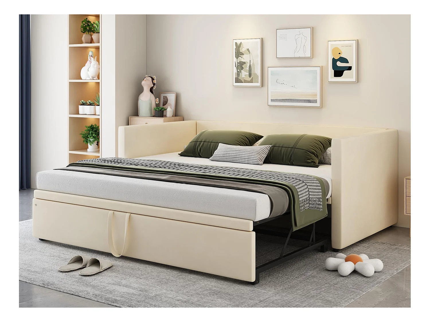 Lit gigogne en velours avec sommier à lattes - 90/180x200cm - Beige