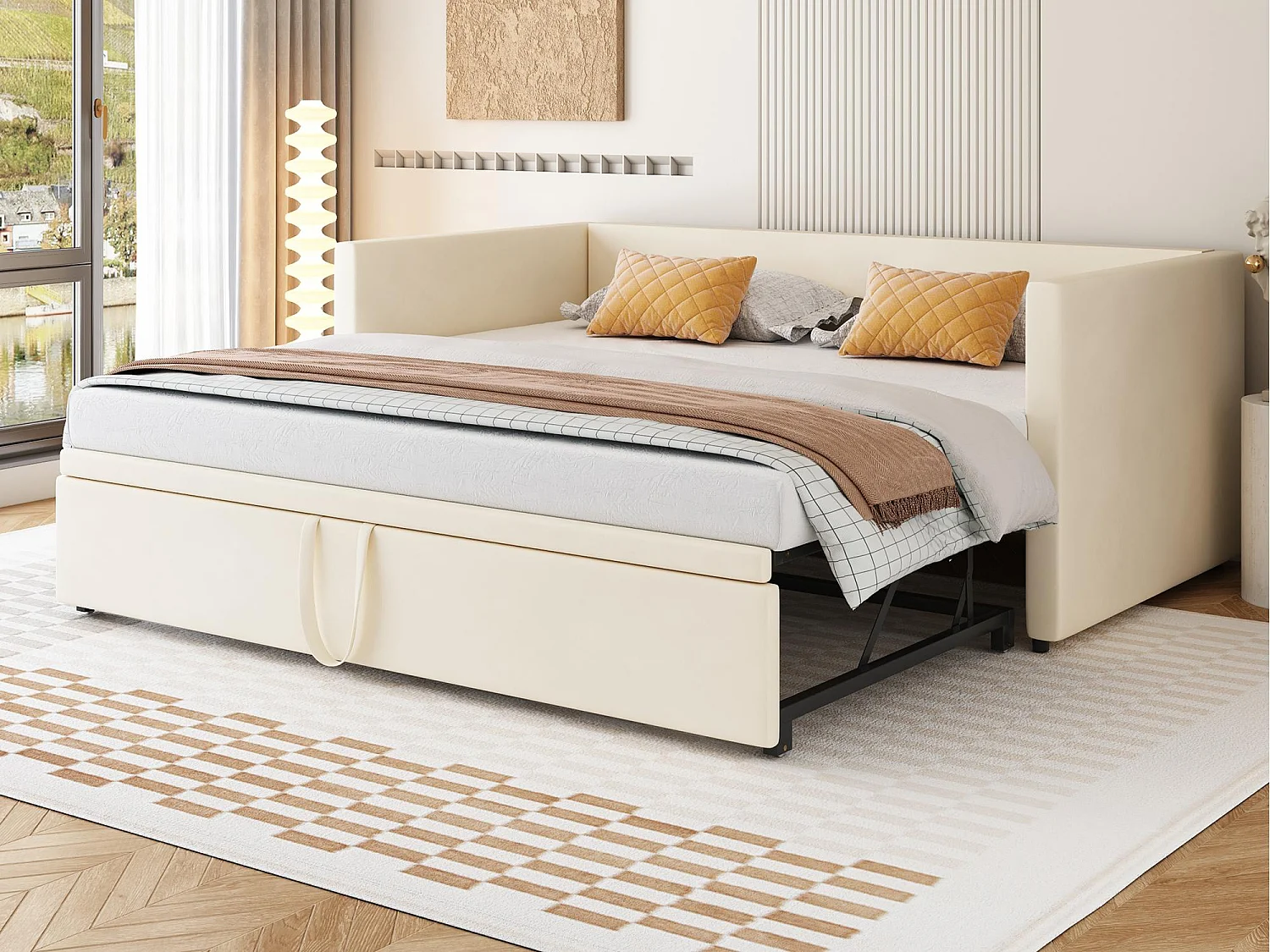 Lit banquette en velours 90/180x200cm - avec lit gigogne - avec sommier à lattes - Beige