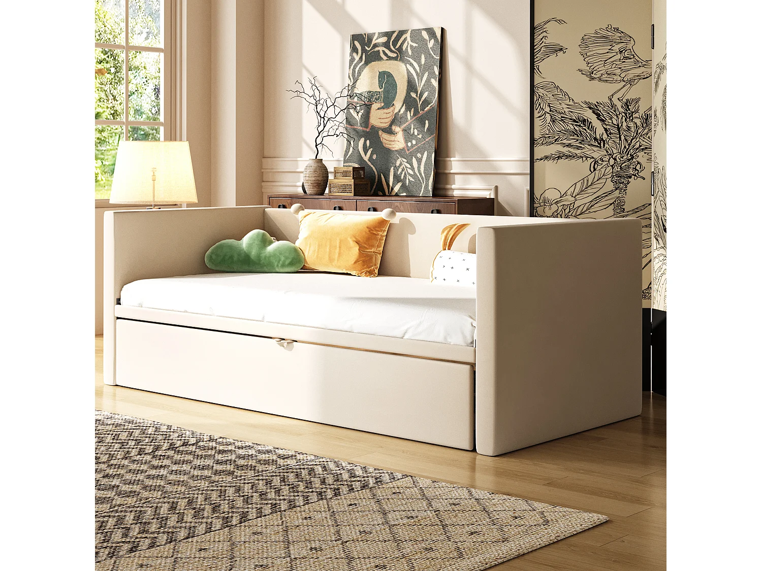 Lit banquette en velours 90/180x200cm - avec lit gigogne - avec sommier à lattes - Beige