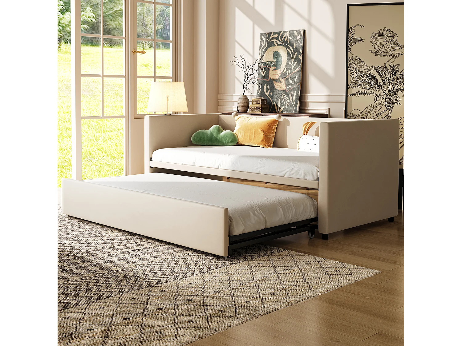 Lit banquette en velours 90/180x200cm - avec lit gigogne - avec sommier à lattes - Beige