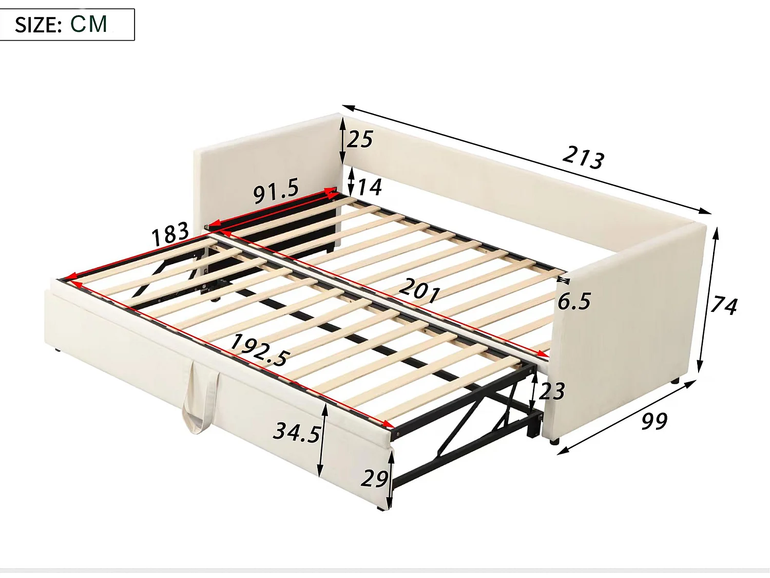 Lit banquette en velours 90/180x200cm - avec lit gigogne - avec sommier à lattes - Beige