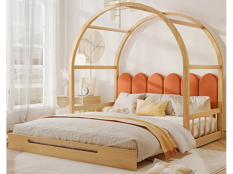 Cama nido 140x100/200cm de madera maciza - con cabecero de terciopelo y somier de láminas - Naranja