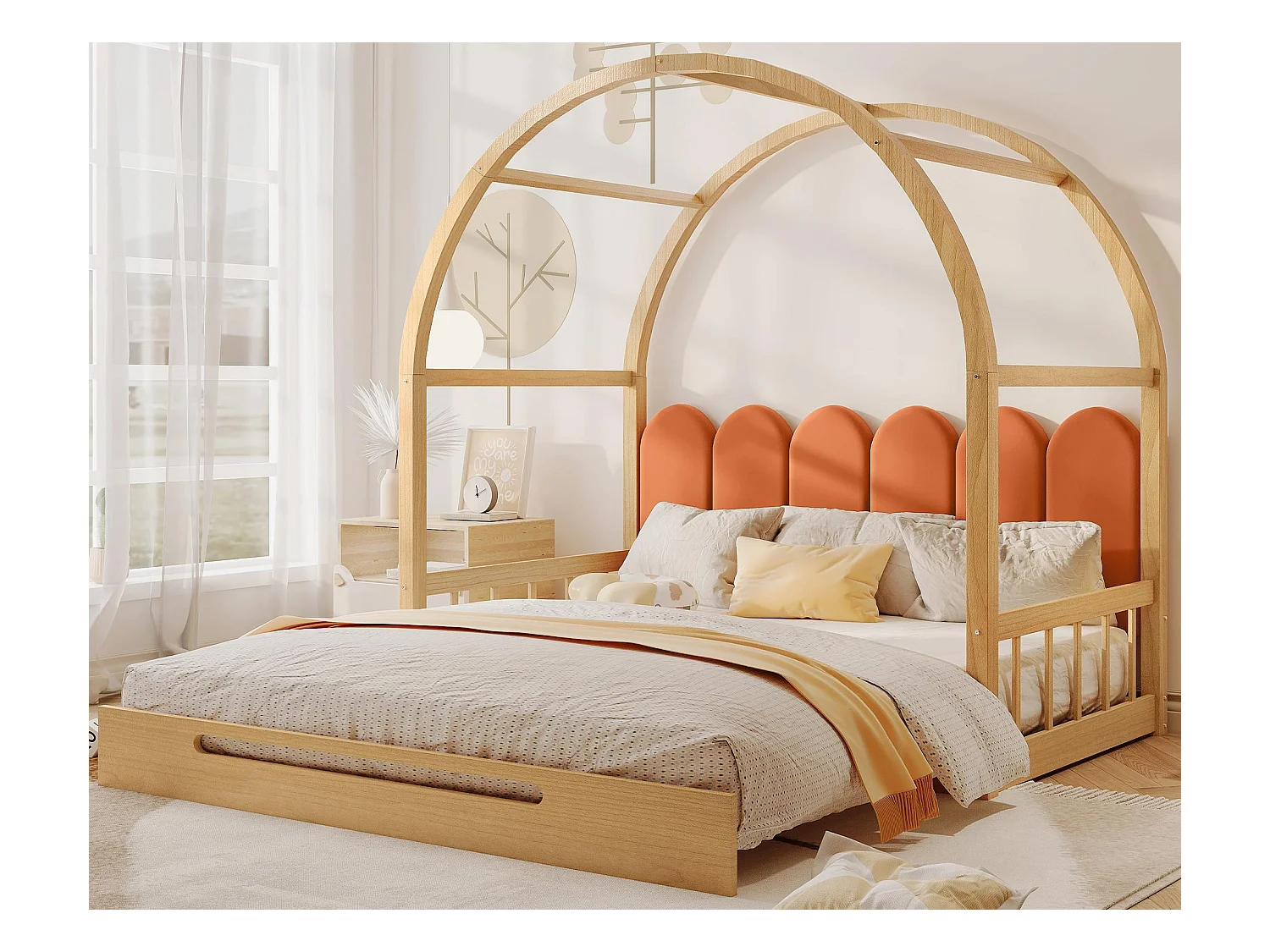 Lit gigogne 140x100/200cm en bois massif - avec tête en velours et sommier à lattes - Orange